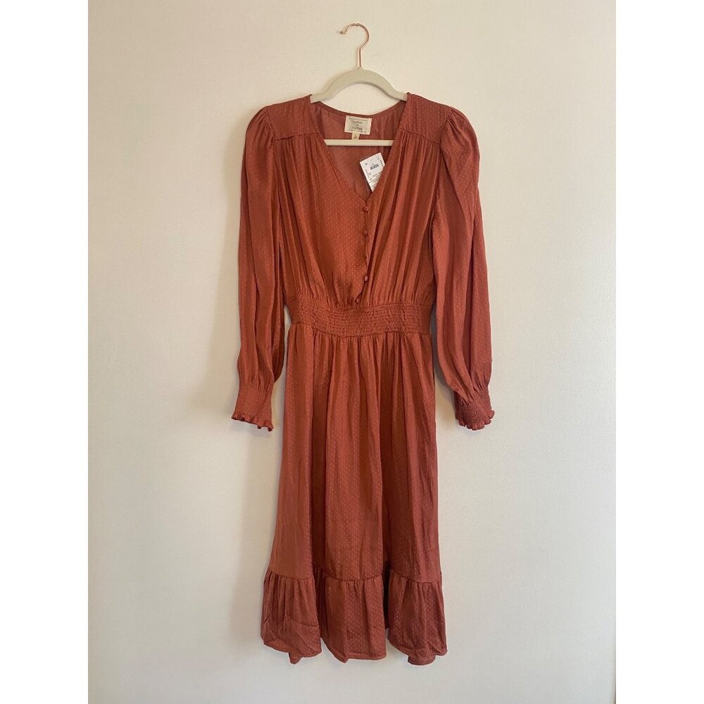 Dusty Pink Midi Dress With Polka Dot Pattern & Smocked Waist & Wrist Size L - Picture 1 of 8